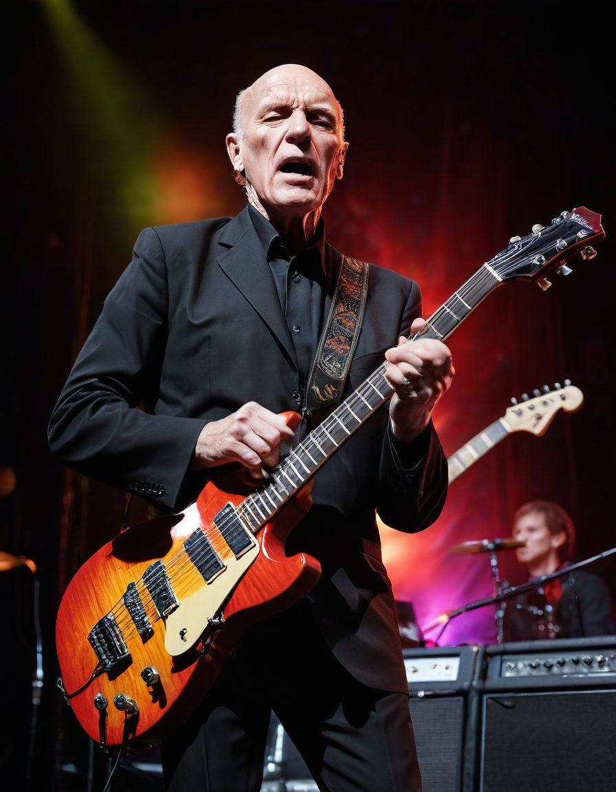 A dynamic concert scene capturing Wilko Johnson passionately performing on stage, surrounded by vibrant lights and an engaged audience. His guitar strumming is filled with emotion, with waves of sound visually emanating from the instrument. The backdrop features an abstract representation of musical notes and heartbeats, symbolizing the heartfelt melodies. The atmosphere is electric, conveying a sense of celebration and connection. vibrant colors. super-realistic.