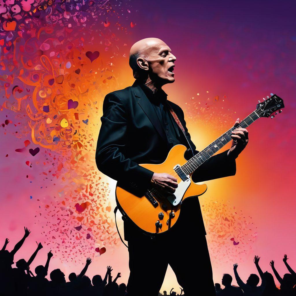 A captivating collage showcasing Wilko Johnson playing his guitar, surrounded by swirling musical notes and hearts to symbolize romance. The background features a vibrant sunset with colors blending seamlessly, evoking a sense of nostalgia and emotion. Include elements of concert lights and silhouettes of an audience to illustrate the musical expression. super-realistic. vibrant colors. 3D.