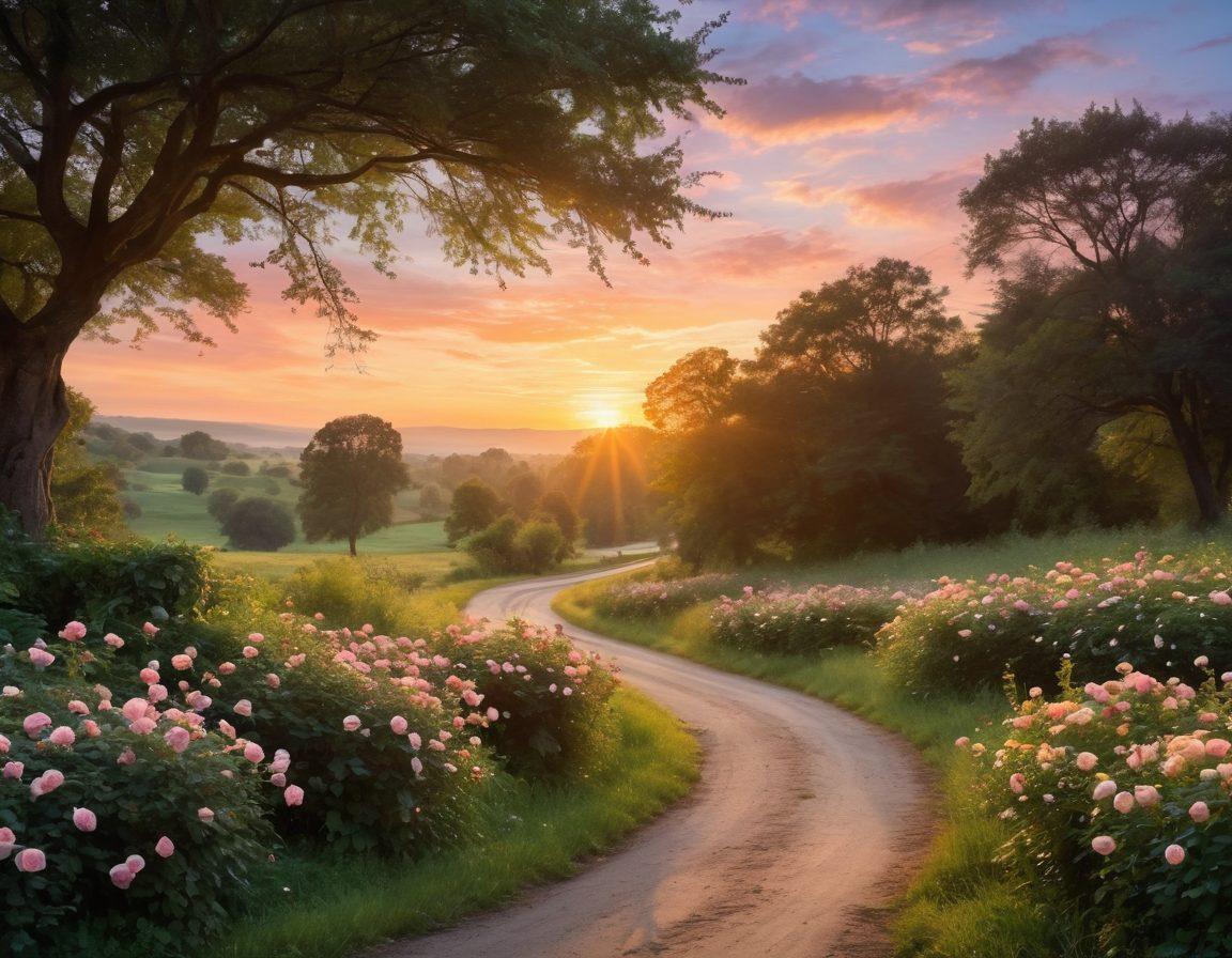 A serene landscape featuring a winding road under a twilight sky, with musical notes floating through the air. In the foreground, a silhouette of a passionate musician holding a guitar, lost in thought. Light bursts of color radiate from the notes, symbolizing love and creativity. Lush greenery surrounds the scene, with hints of romantic elements like hearts and roses intertwined. surrealistic. pastel colors. ethereal atmosphere.